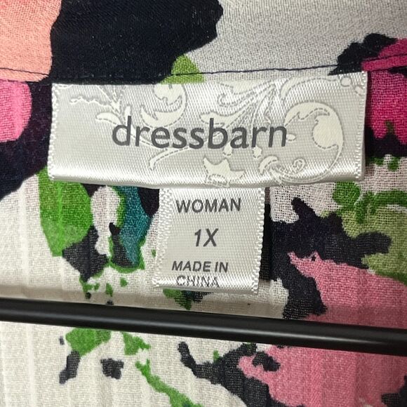 Dressbarn Womens Button Up Top 1X Pink Green Ruffle Office Crinkle Pleated Sheer - Picture 3 of 11